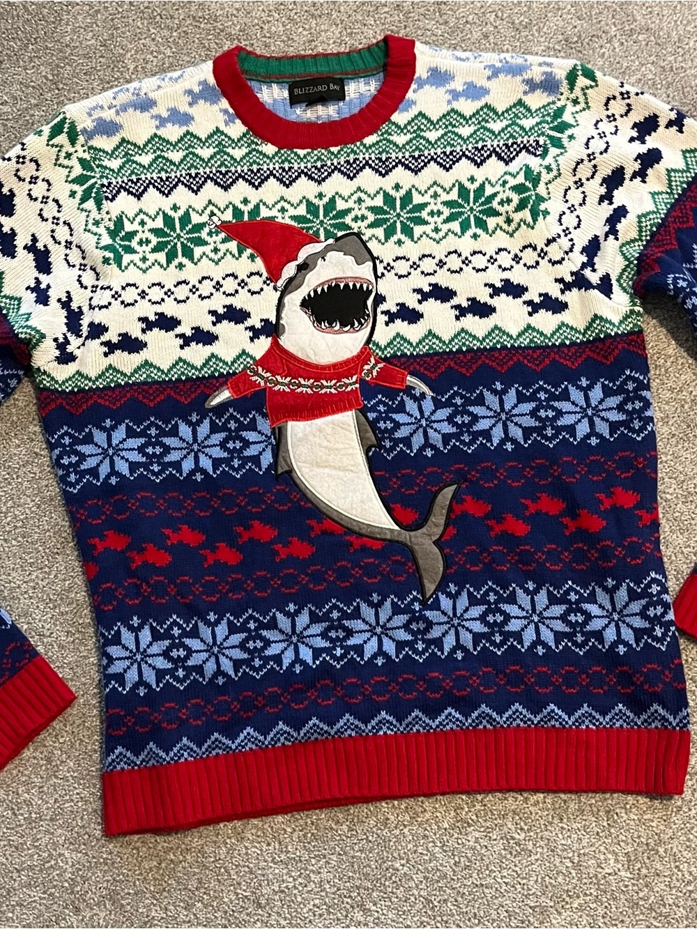 Blizzard Bay Men's Navy, Red & White Shark Fair Isle Crewneck Sweater